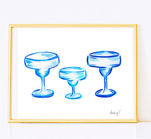 Print | Blue Margarita Glass Watercolor Trio | Bar Cart Cocktail Wall Art | Coastal Grandmother Preppy