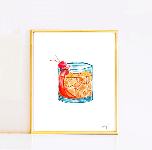 Print | Old Fashioned Whiskey Cocktail Watercolor | Bar Cart Kitchen Decor Poster | Whiskey | Beverage