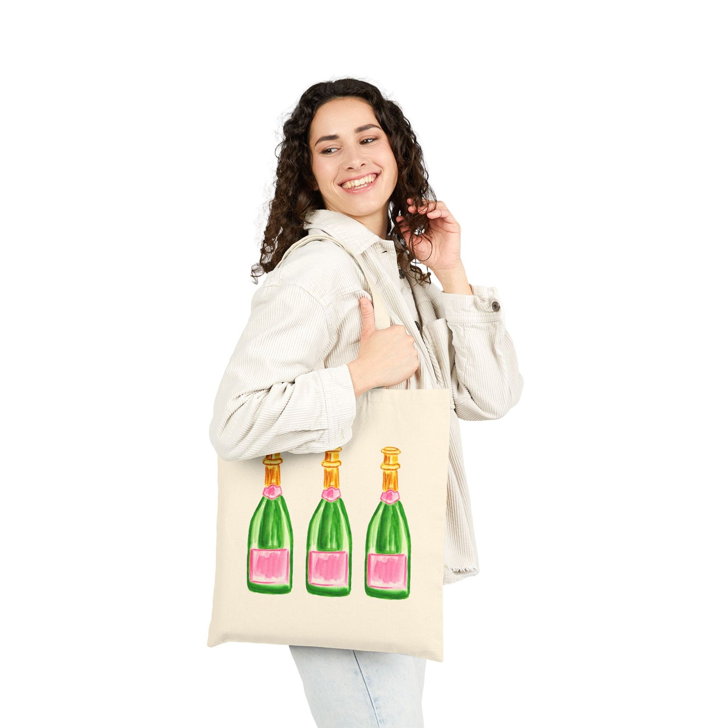 Canvas Tote | Trio pink & Green Watercolor Champagne Bottle Farmers Market Tote | Cocktail Bachelorette Gift Hostess