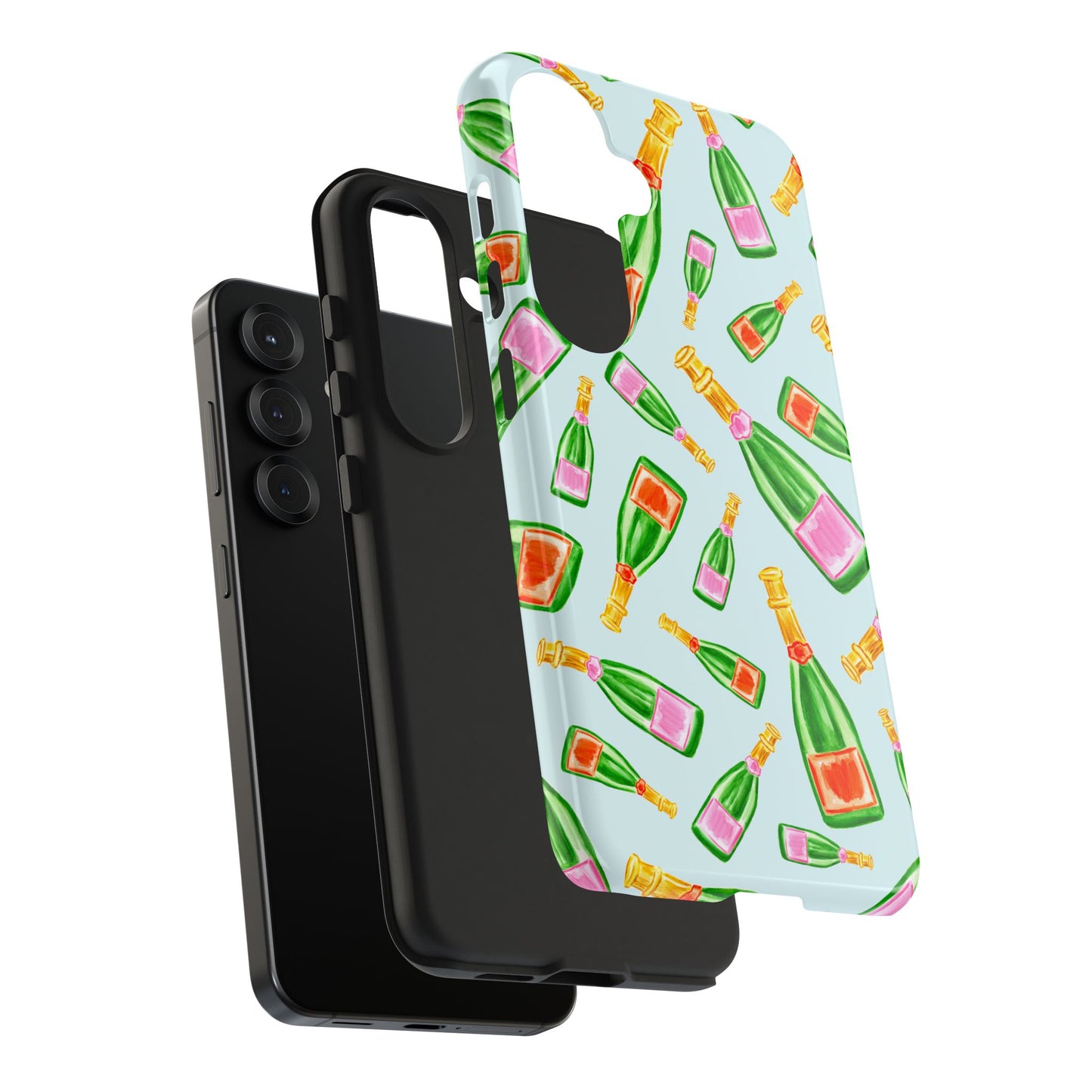 Tossed Pink and Green & Orange and Green Watercolor Illustrated Champagne Bottles Pattern Light Blue Tough Phone Case | Various Models