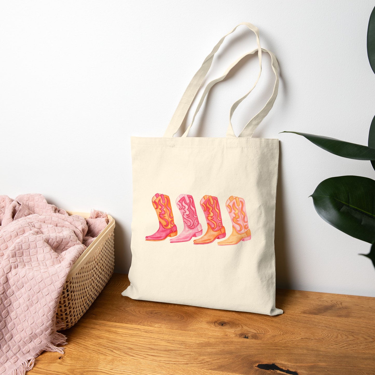 Canvas Tote | Hot Pink and Orange Cowboy Boot Watercolor Illustrated Tote Bag | Western Preppy Gift | Coastal Cowgirl Market Tote