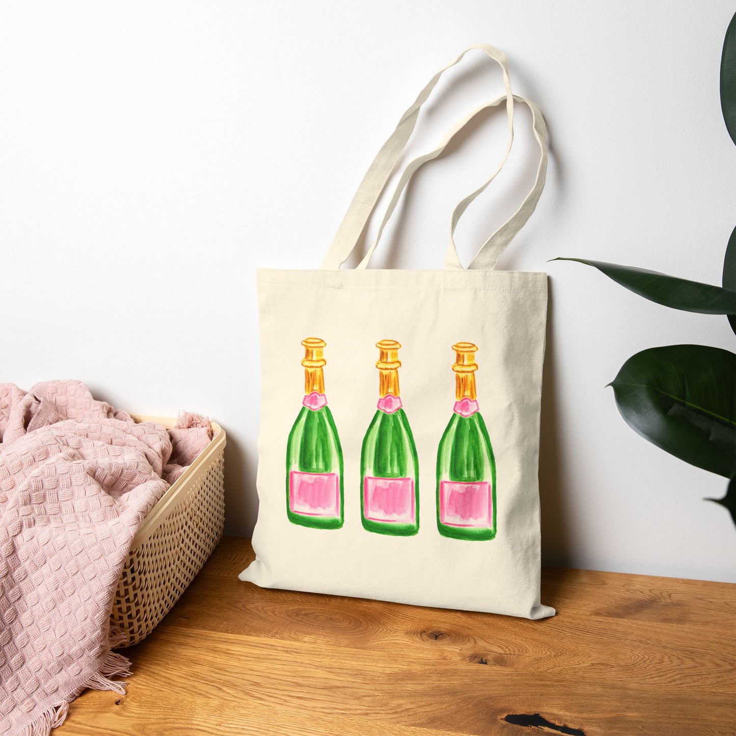 Canvas Tote | Trio pink & Green Watercolor Champagne Bottle Farmers Market Tote | Cocktail Bachelorette Gift Hostess
