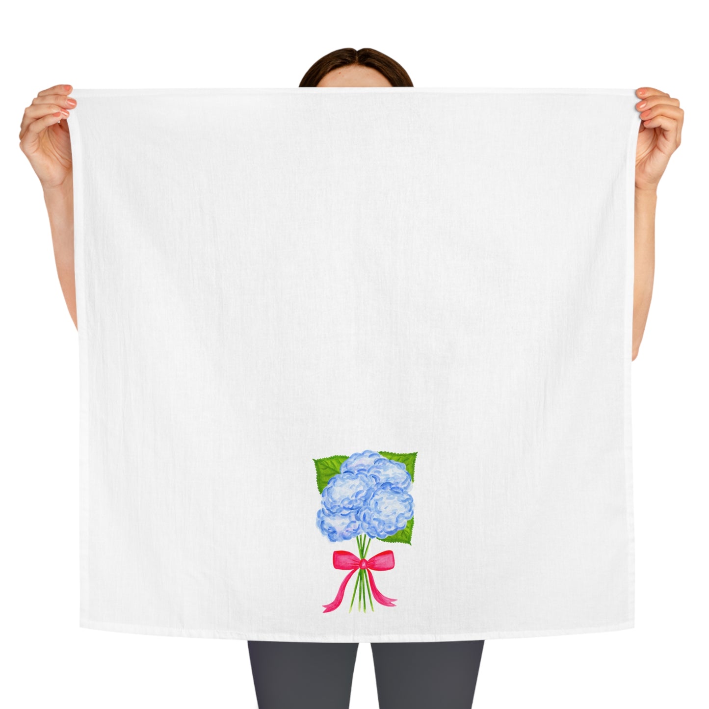 Tea Towel | Watercolor Blue Hydrangeas with Hot Pink Bow Illustration Printed | Preppy Coastal Kitchen Decor Gifts
