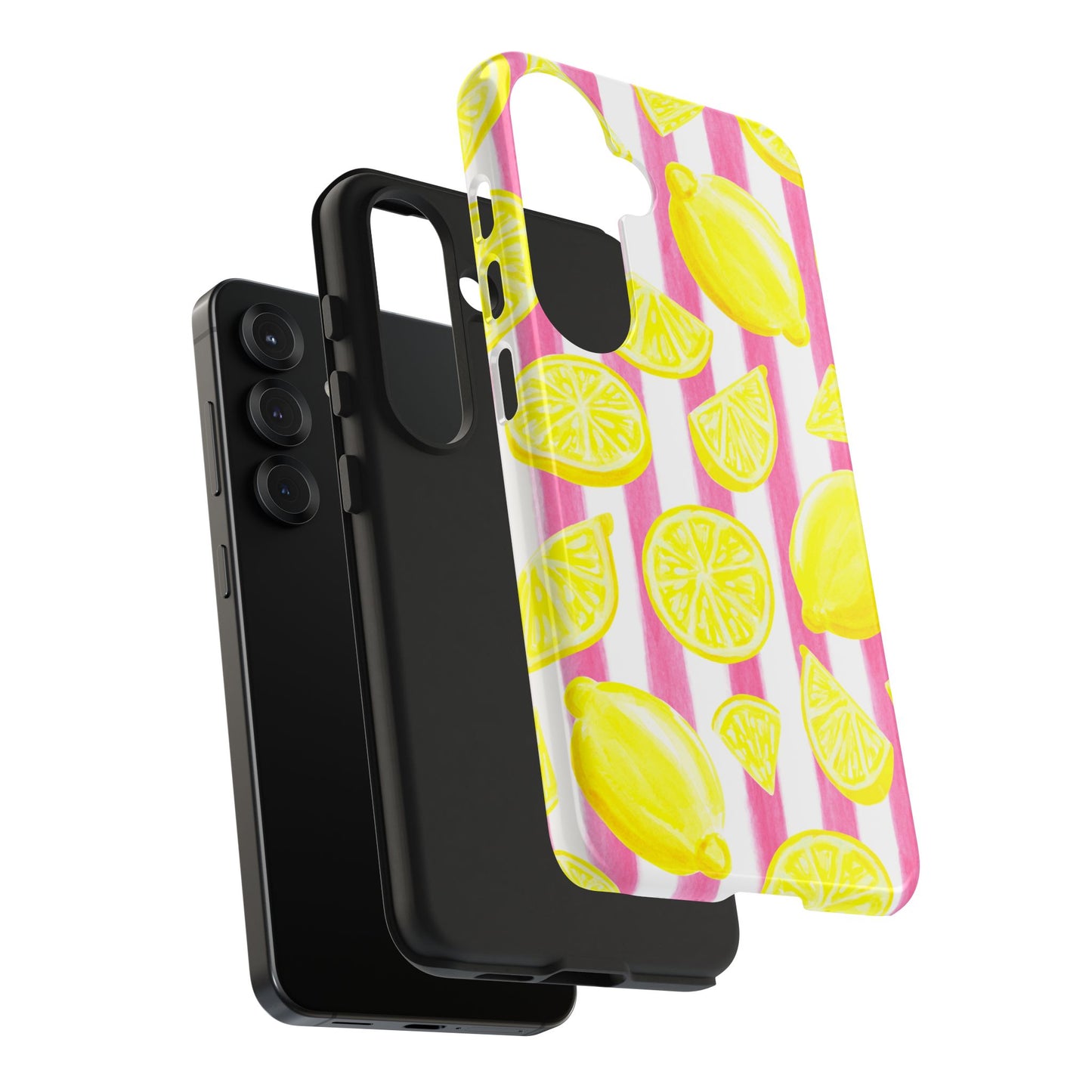 Pink Lemonade Yellow Lemons with Pink & White Watercolor Stripes Tough Phone Case