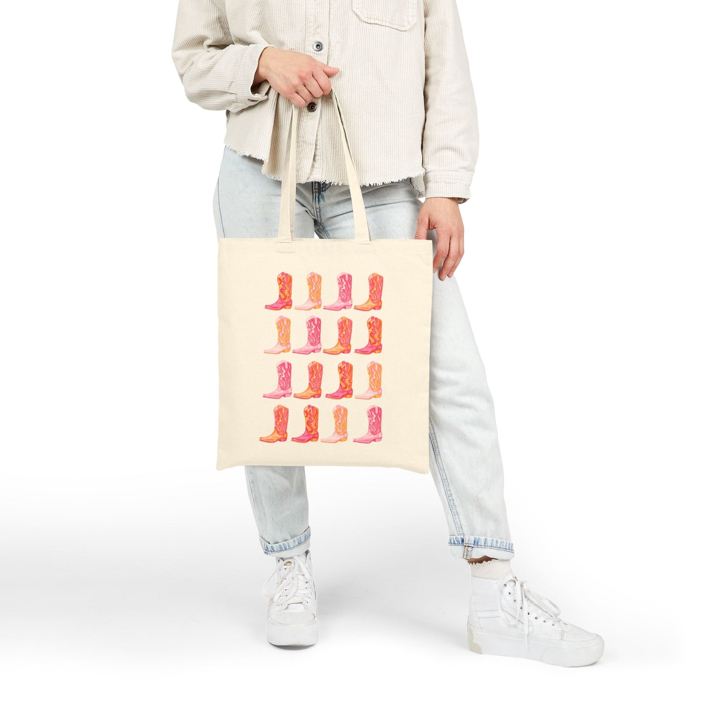 Canvas Tote | Rows of Hot Pink and Orange Cowboy Boot Watercolor Illustrated Farmers Market Tote | Western Preppy Gift | Coastal Cowgirl