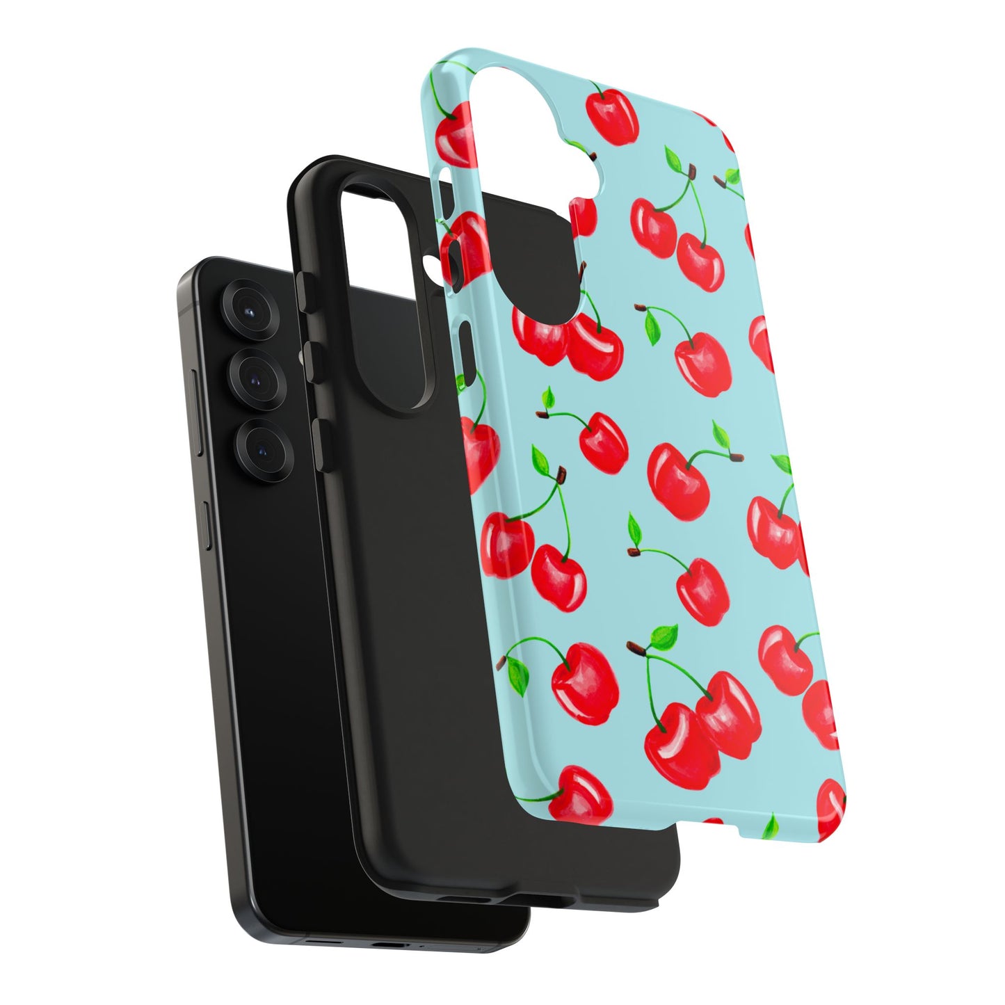 Tossed Red Watercolor Cherries Illustrated Pattern Bright Blue Tough Phone Case | Various Models