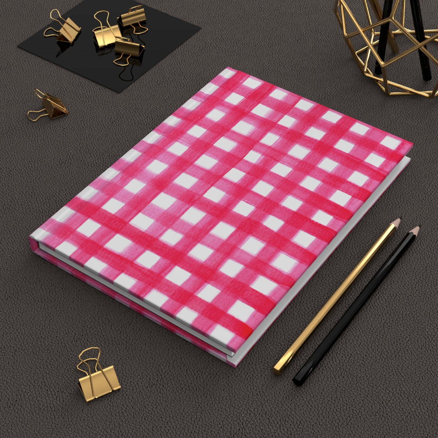 Hot Pink Gingham Watercolor Illustrated Hardcover Lined Journal Matte 8"x5.75"