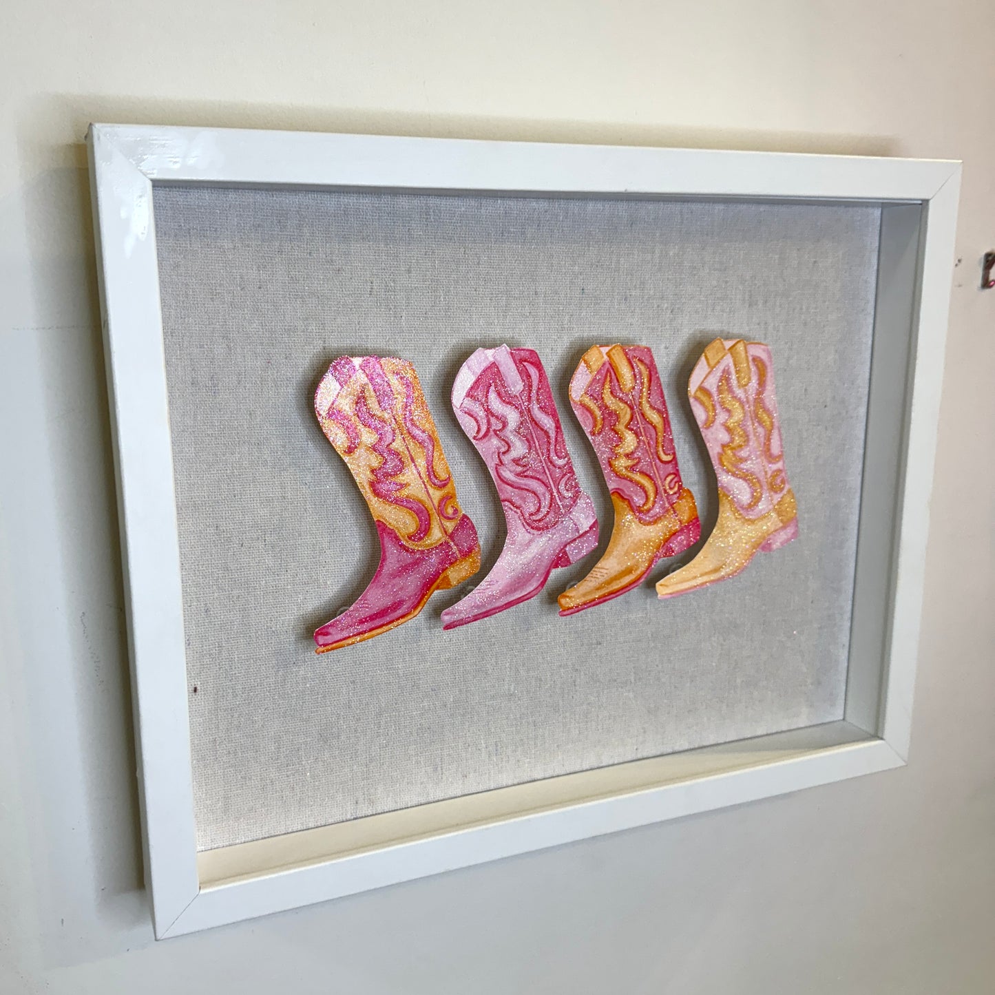 11” x 14” Glitter Embellished Hot Pink & Orange Cowboy Boots 3D Push Pin Shadow Box