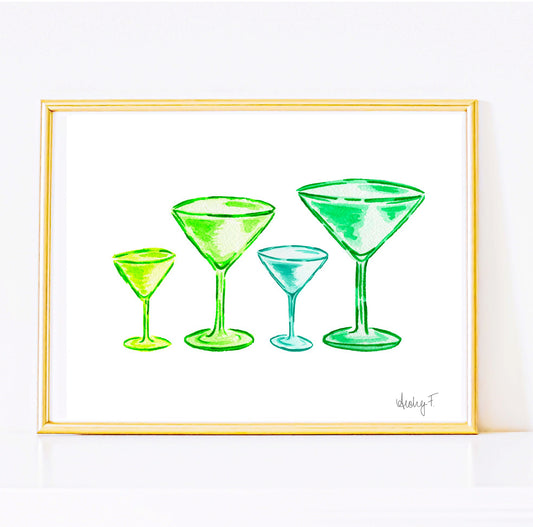 Print | Green Martini Glasses Quad Watercolor | Bar Cart Wall Poster Kitchen Decor Cocktail