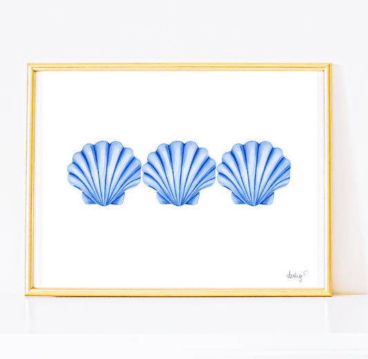 Print | Blue Clam Scallop Seashell Watercolor Trio | Preppy Ocean Coastal New England Beach House  Nautical Wall Decor Grand Milllenial