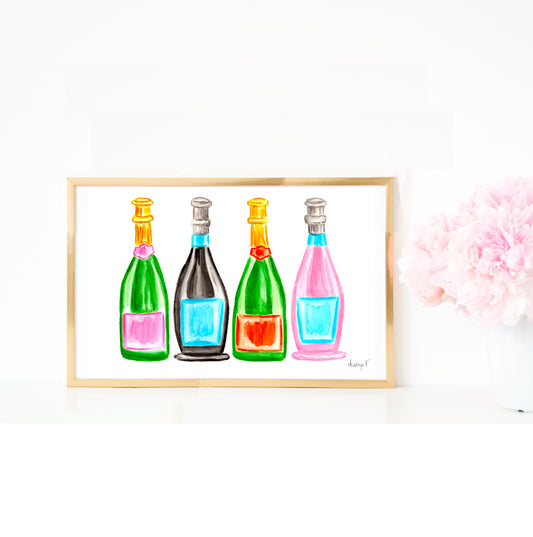 Print | Green Pink Orange Blue Champagne Bottle Watercolor Print |Preppy Coastal Cowgirl Bar Cart Decor |Colorful Kitchen Wall Art Dorm Room Poster