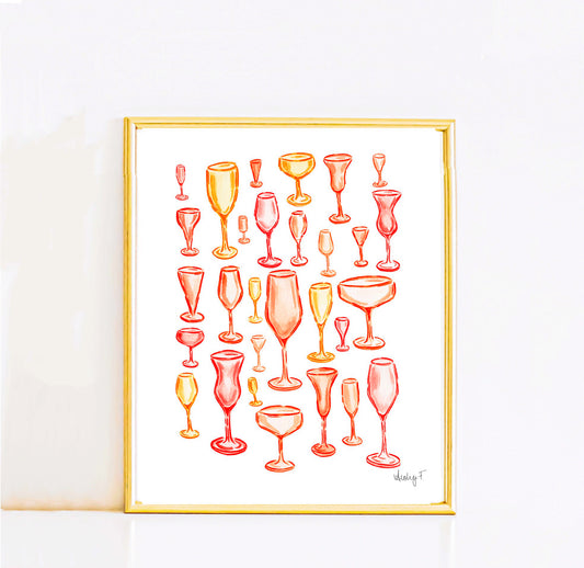 Print | Orange Champagne Flute Glasses Watercolor | Bar Cart Cocktail Kitchen Art Wall Decor | Coastal Cowgirl | Dorm Preppy | House Warming