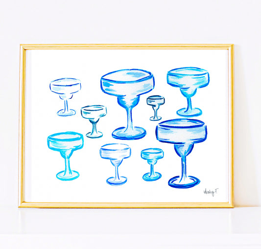 Print | Blue Margarita Glasses | Cocktail Bar Cart Kitchen Decor | Tequila | Coastal Cowgirl | Preppy Dorm