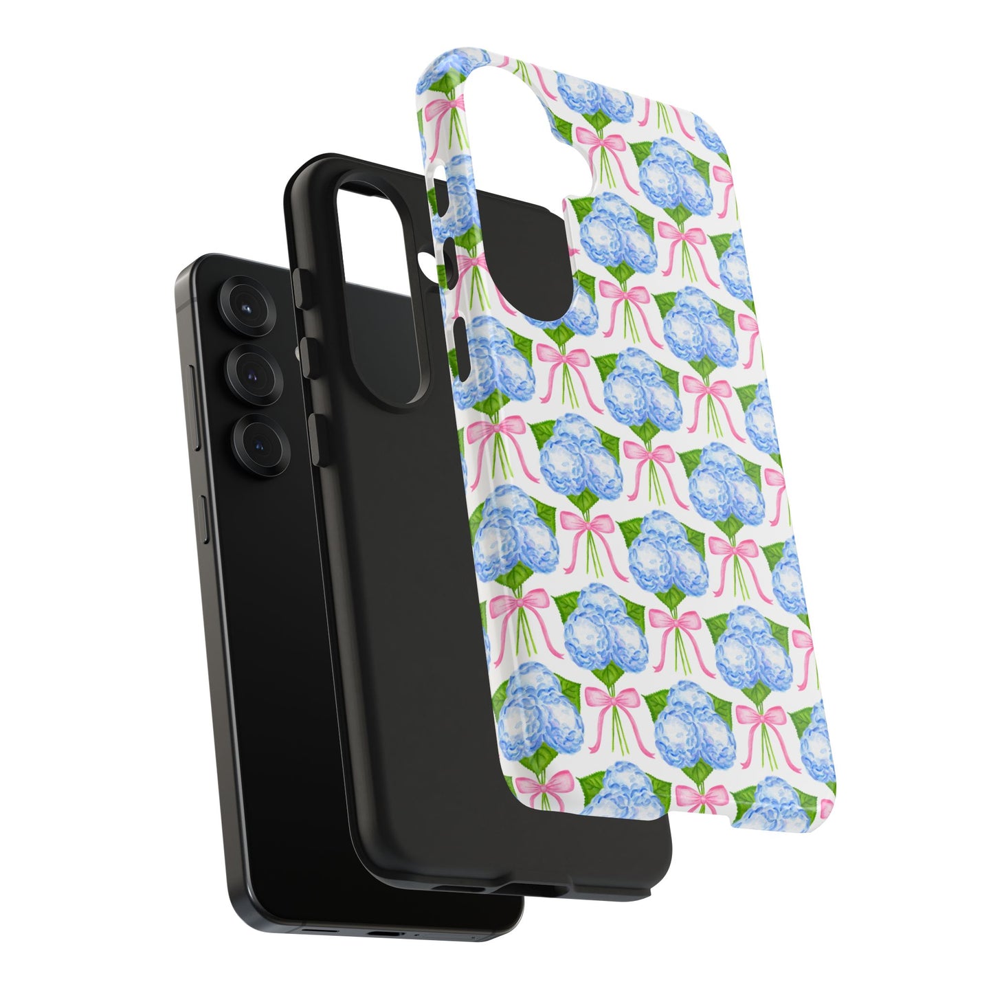 Blue Watercolor Hydrangea Bouqets with Light Pink Bows Watercolor Illustrated Patterned Tough Phone Case | Various Models