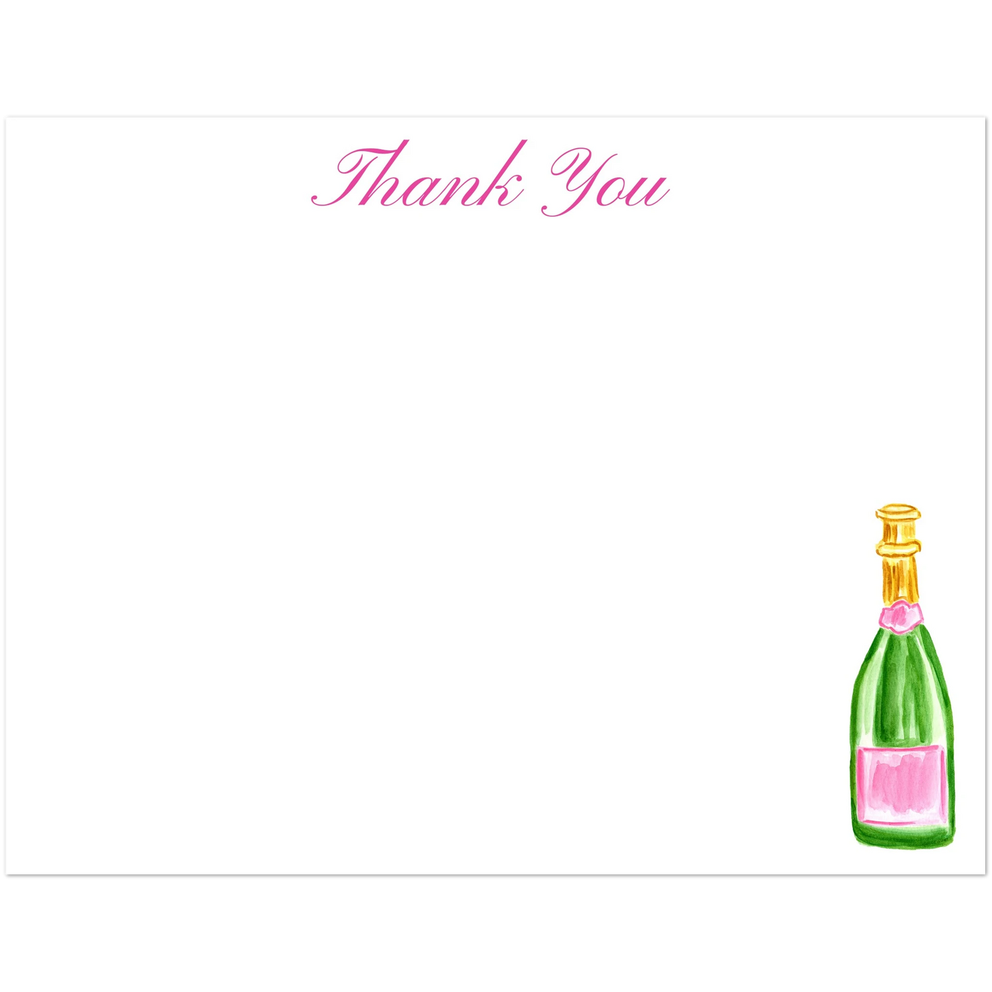 Personalize Pink & Green Champagne Bottle Watercolor Illustrated Flat Note Cards & Envelopes | Set of 10 | 2 Sizes