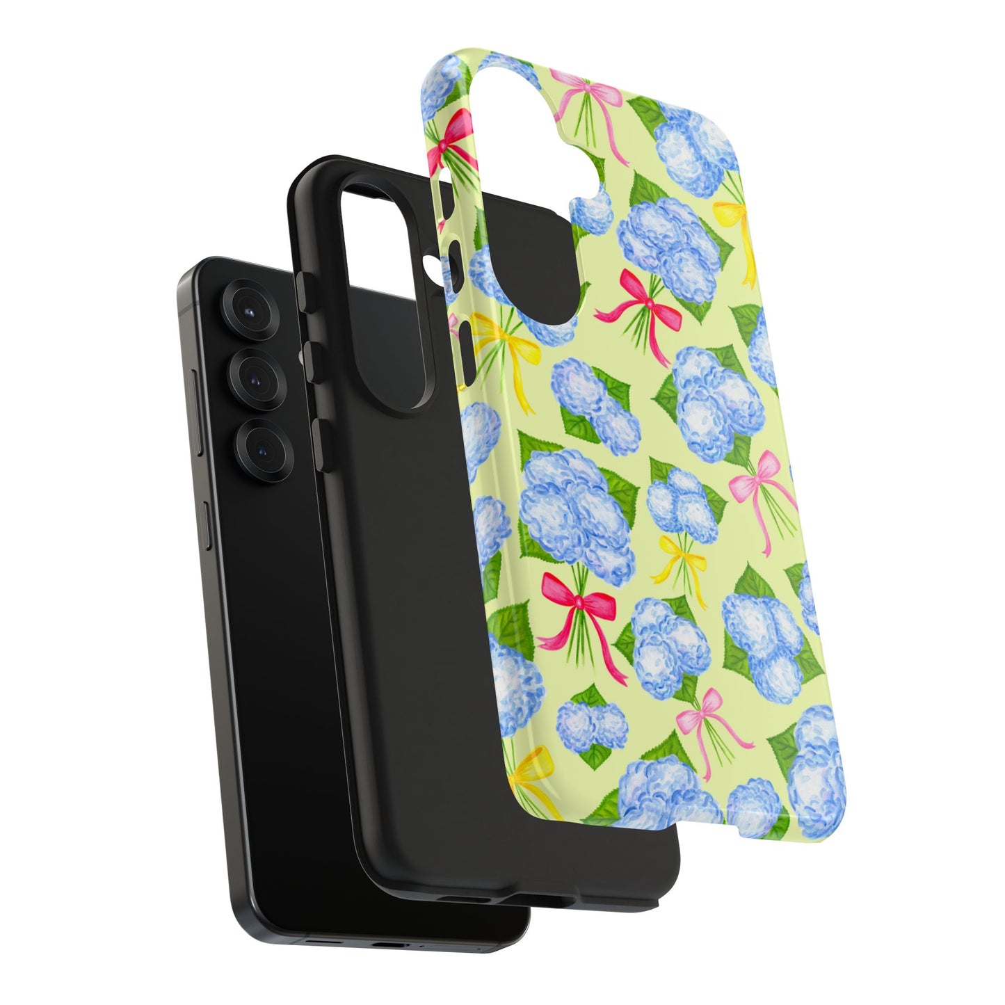 Blue Watercolor Hydrangea Bunches with Hot Pink, Yellow, Light Pink Bows Illustrated Patterned Yellow Tough Phone Case | Various Models