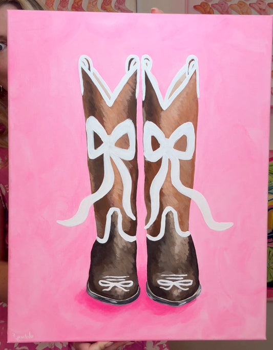 16”x20” Acrylic Cowboy Boots on Pink with White Bow on Stretched Canvas pink
