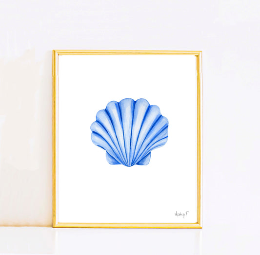 Print | Blue Clam Scallop Seashell Watercolor | Preppy Ocean Coastal New England Beach House  Wall Decor Grand Millenial