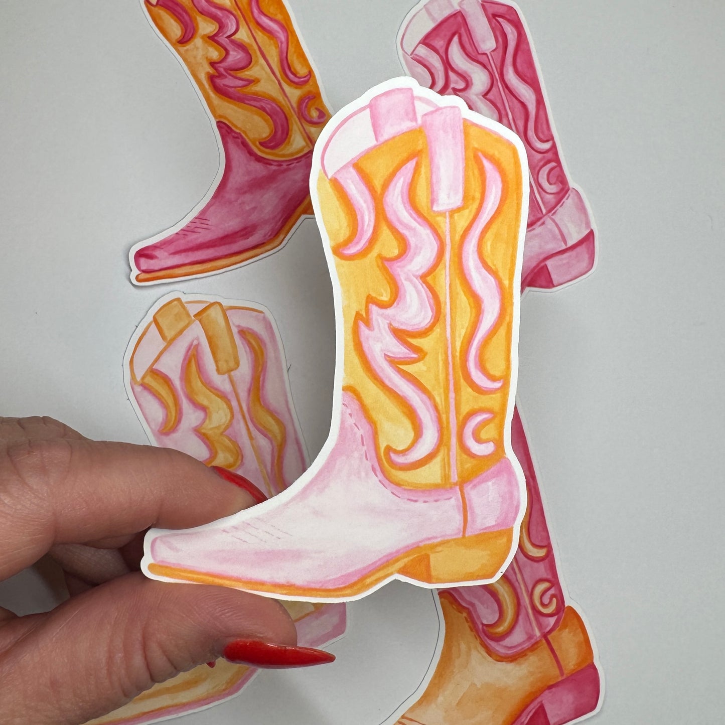 Sticker | Vinyl Matte Hot Pink & Orange Watercolor Cowboy Boot 3.5”