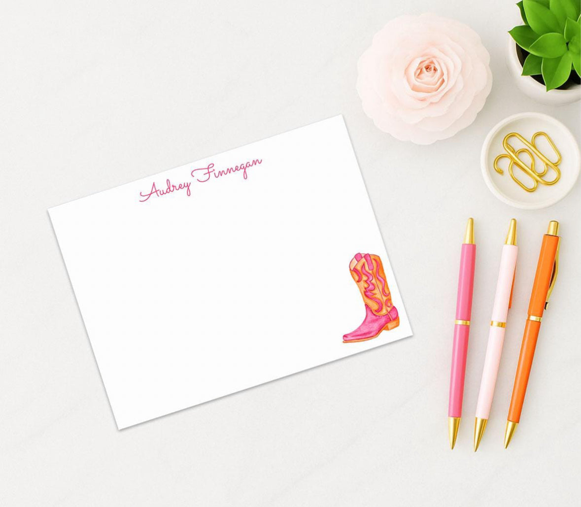 Stationery | Hot Pink & Orange Coastal Cowgirl Watercolor Cowboy Boot Personalized Postcard Bundle Set with Envelopes | Preppy Cute Gift