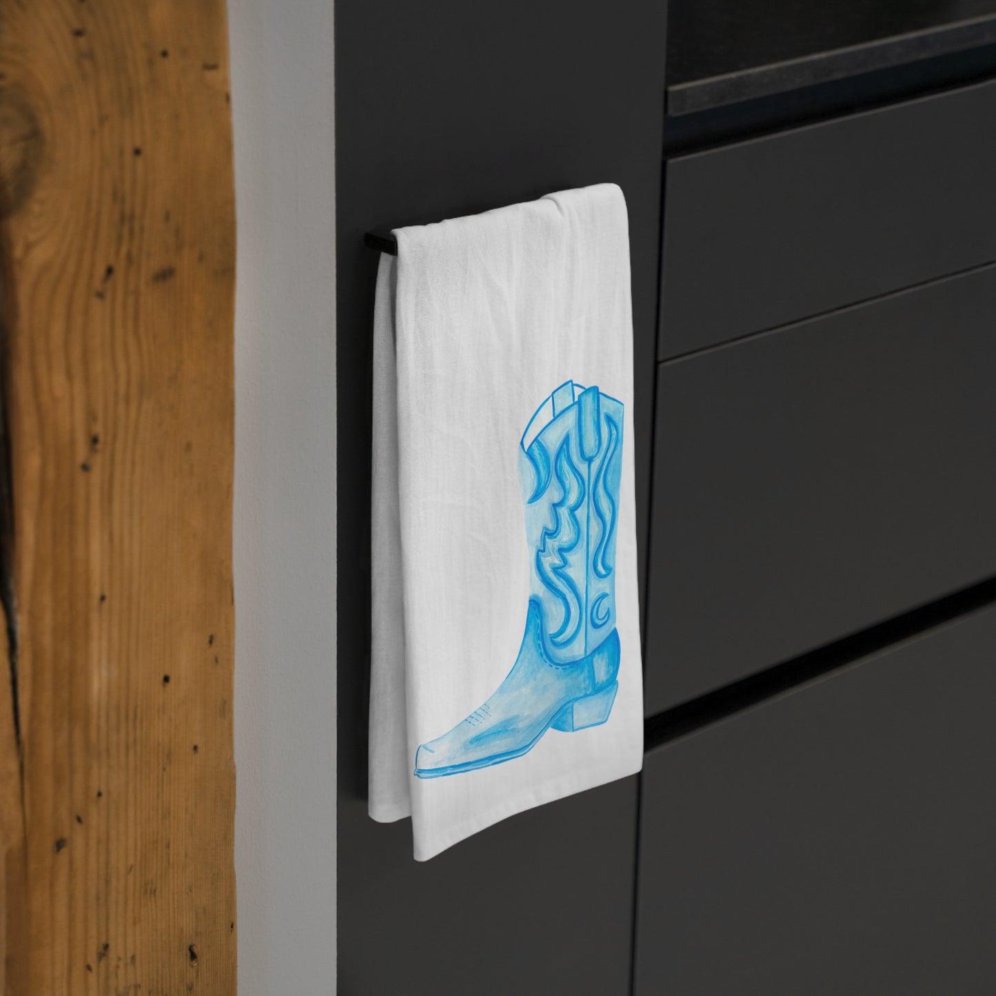 Tea Towel | Light Blue Cowboy Boot Watercolor Illustration | Boho Western Rustic Kitchen Decor | Coastal Cowgirl Kitchen