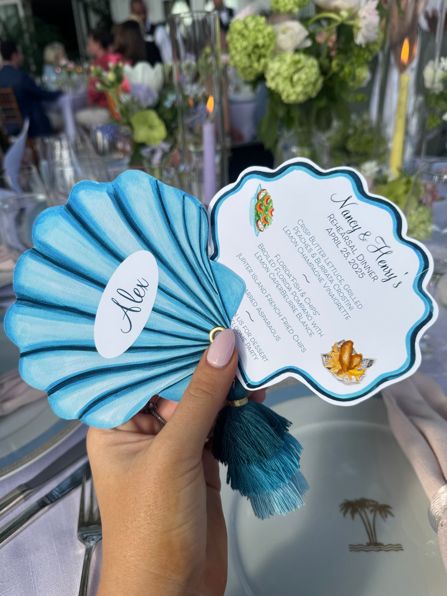 Stationery | Personalized Blue Turquoise Seashell Wedding Menu with Tri-Color Tassel