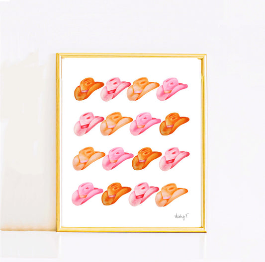 Print | Row of Cowboy Hats | Hot Pink and Orange Design | Watercolor Painting | Dorm Decor | Western | Cowgirl | Preppy Coastal Cowgirl