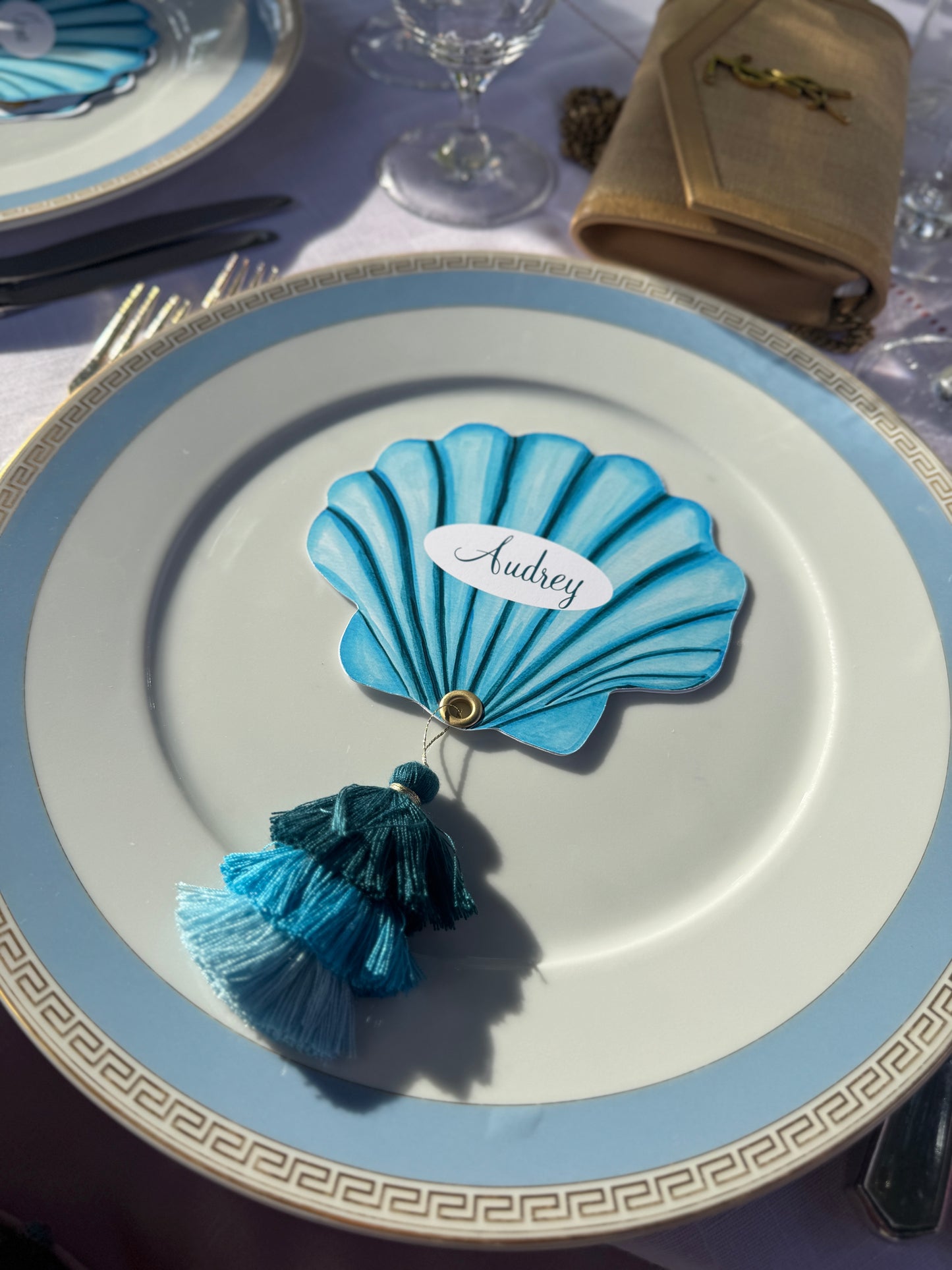 Stationery | Personalized Blue Turquoise Seashell Wedding Menu with Tri-Color Tassel