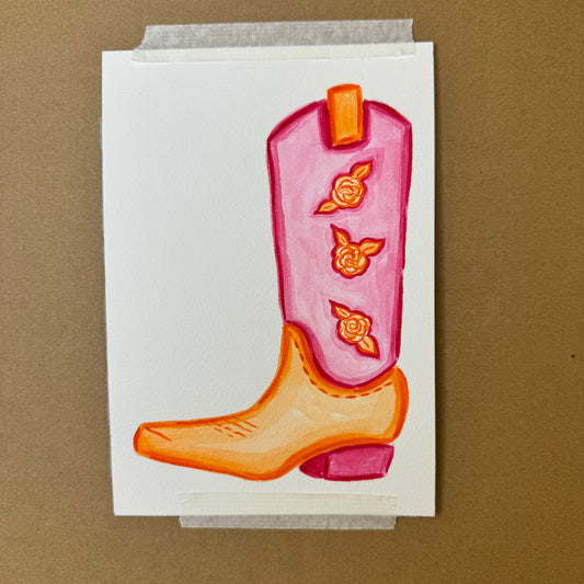 5” x 7” Original Hot Pink and Orange Rose Cowboy Boot
