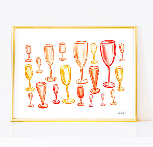 Print | Orange Champagne Flute Glasses Watercolor | Bar Cart Cocktail Kitchen Art Wall Decor | Coastal Cowgirl | Dorm Preppy | House Warming