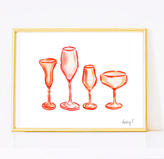 Print | Orange Champagne Flute Coupe Glasses Watercolor | Bar Cart Cocktail Wall Kitchen Decor Poster