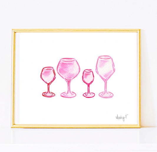 Print Pink Wine Glasses Watercolor Quad | Bar Cart Art Cocktail Wall Poster Kitchen