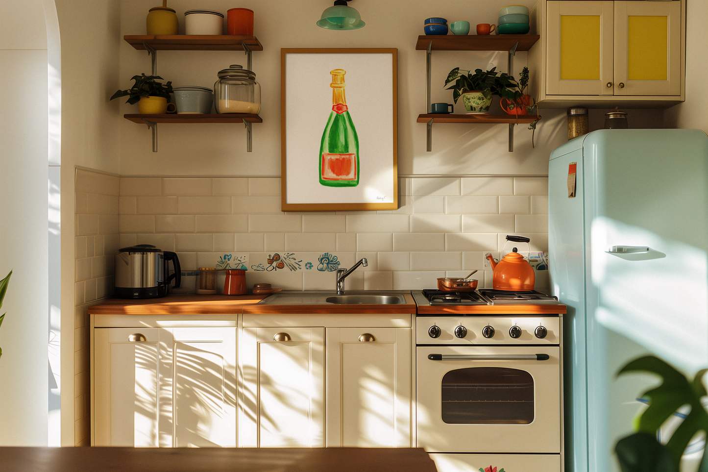 Print | Orange & Green Champagne Bottles Watercolor | Preppy Colorful Cheery Bright Coastal Cowgirl Dorm Room Poster Decor Cocktail Wall Art Cocktail Bar Cart