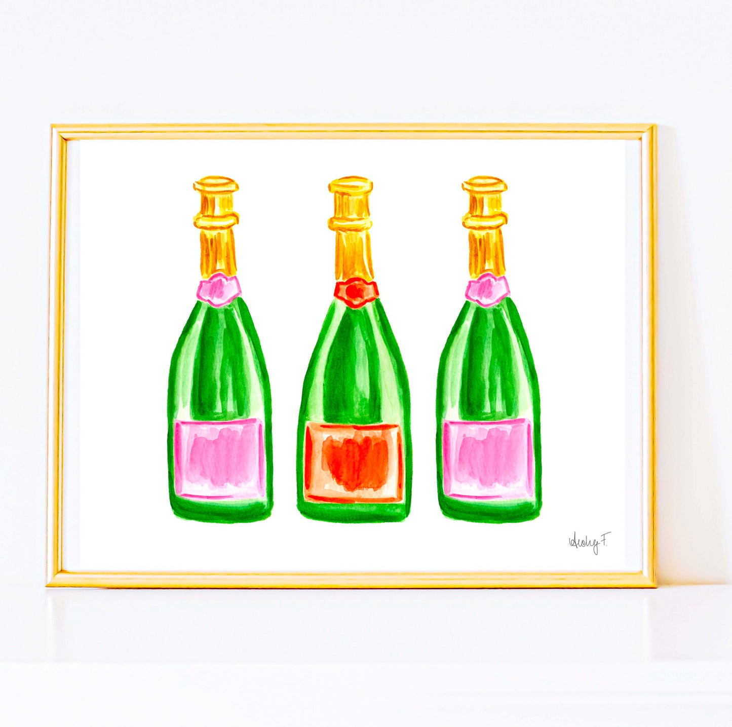 Print | Green Pink & Orange Champagne Bottles Trio Watercolor