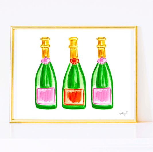 Print | Green Pink & Orange Champagne Bottles Trio Watercolor |  Preppy Colorful Cheery Bright Coastal Cowgirl Dorm  Room Poster Decor Cocktail Wall Art Cocktail Bar Cart