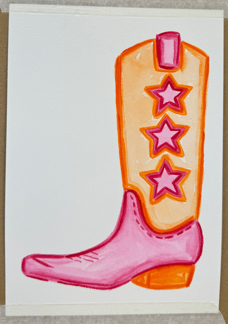 5” x 7” Original Hot Pink and Orange Star Cowboy Boot