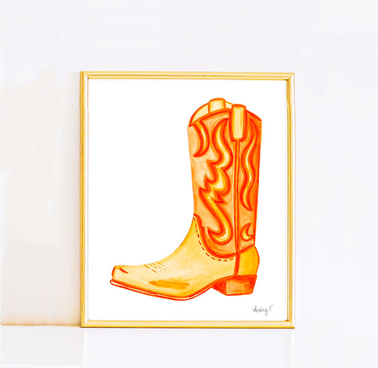 Print | Orange Watercolor Cowboy Boot Wall Art | Western Decor |  Showgirl Vibes | Swiftie Gift | Music Concert Art Print TS12