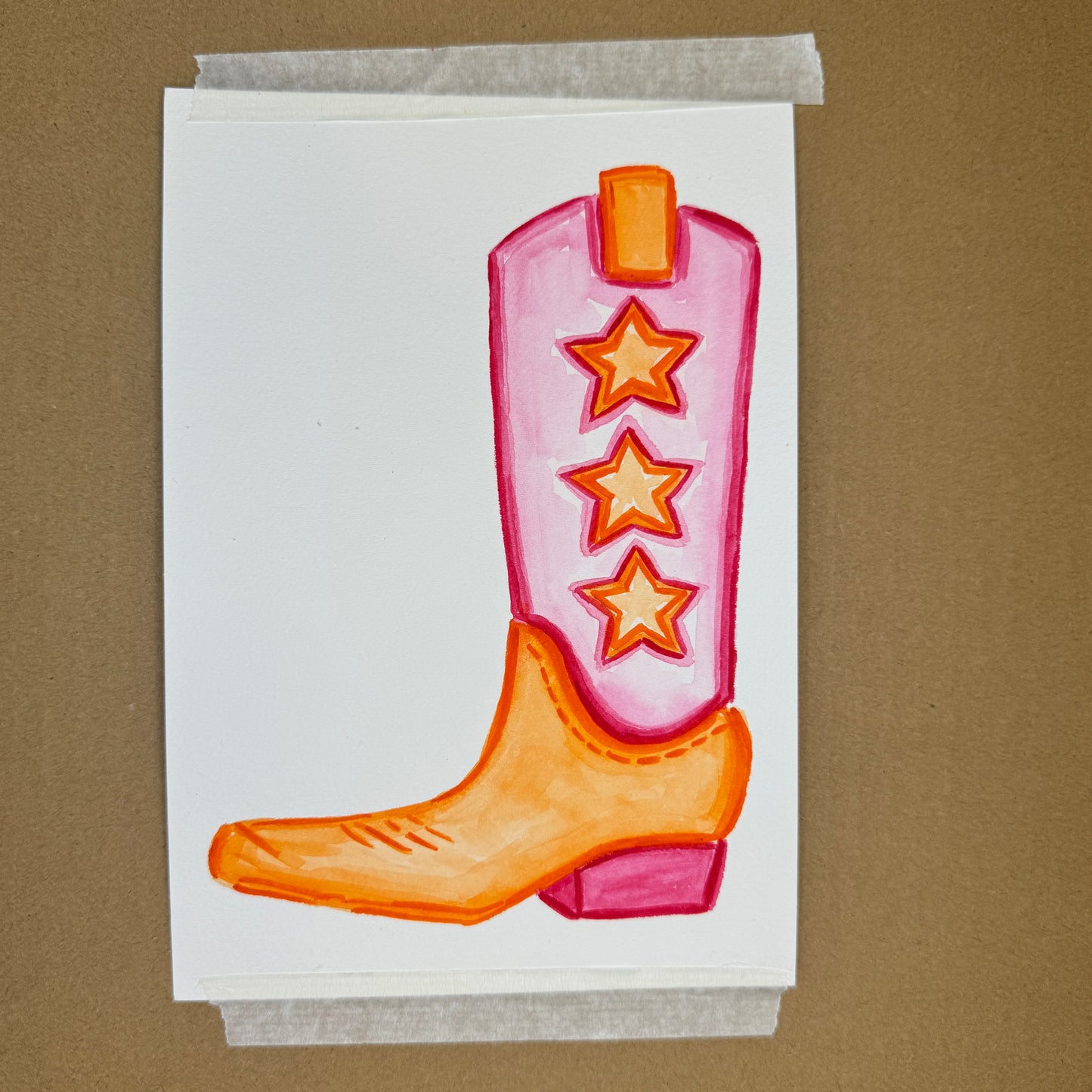 5” x 7” Original Hot Pink and Orange Star Cowboy Boot
