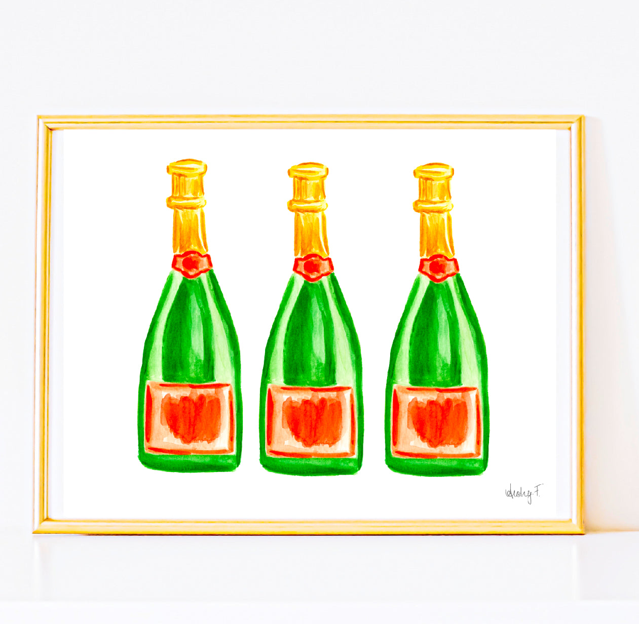 Print | Green & Orange Champagne Bottle Trio Watercolor |  Preppy Colorful Cheery Bright Coastal Cowgirl Dorm  Room Poster Decor Cocktail Wall Art Cocktail Bar Cart