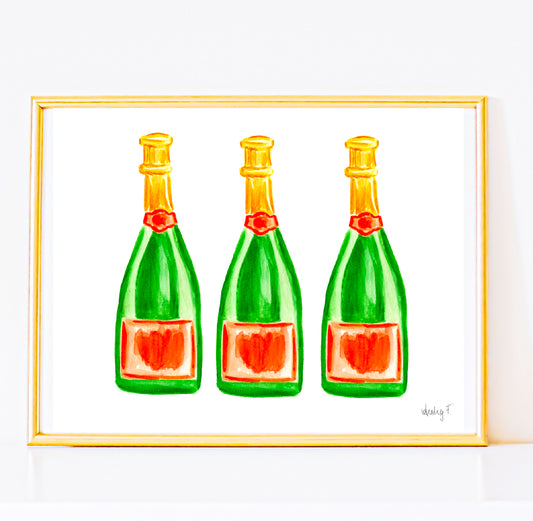 Print | Green & Orange Champagne Bottle Trio Watercolor |  Preppy Colorful Cheery Bright Coastal Cowgirl Dorm  Room Poster Decor Cocktail Wall Art Cocktail Bar Cart