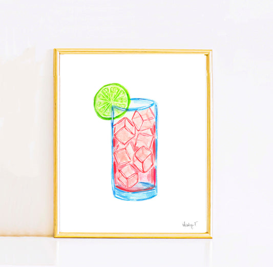 Print | Pink Sea Breeze Cocktail Watercolor| Blue Glass with Lime |Boho Kitchen Bar Wall Decor| Coastal Summer Illustration| Poster Bar Cart