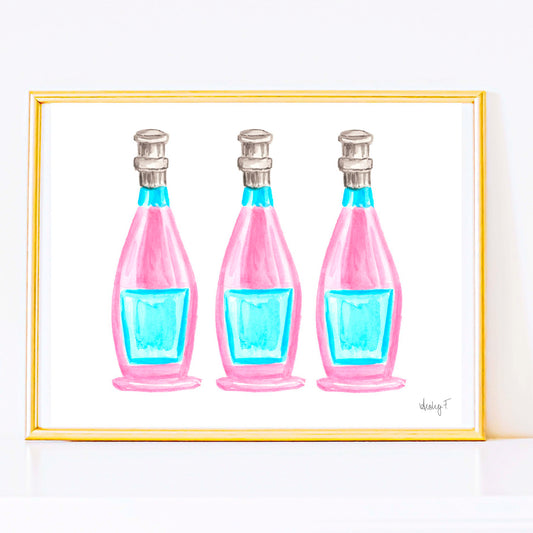 Print | Pink & Blue Champagne Prosecco Bottle Trio Watercolor |  Preppy Colorful Cheery Bright Coastal Cowgirl Dorm  Room Poster Decor Cocktail Wall Art Cocktail Bar Cart