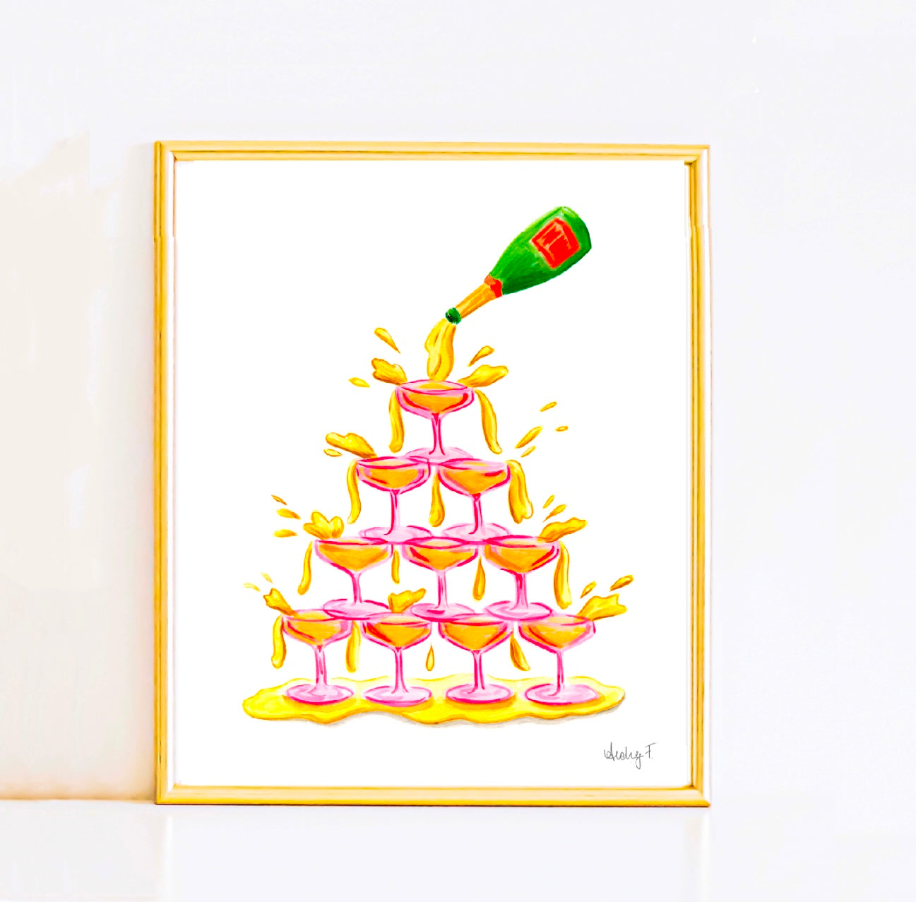 Print | Pink Champagne Coupe Glasses Tower Watercolor | Bar Cart Wall Art Decor Poster