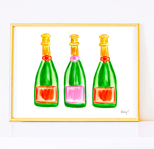 Print | Green Orange & Pink Champagne Bottles Trio Watercolor |  Preppy Colorful Cheery Bright Coastal Cowgirl Dorm  Room Poster Decor Cocktail Wall Art Cocktail Bar Cart