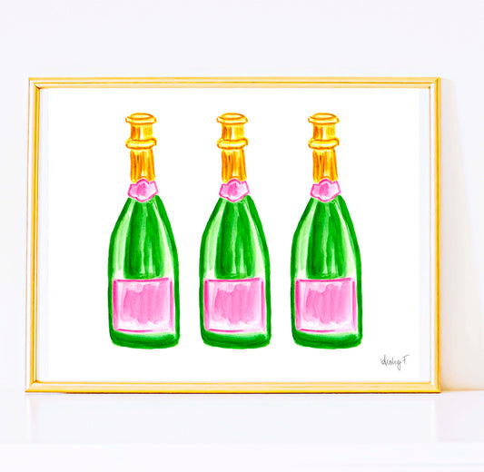 Print | Pink and Green Champagne Bottle Trio Watercolor |  Preppy Colorful Cheery Bright Coastal Cowgirl Dorm  Room Poster Decor Cocktail Wall Art Cocktail Bar Cart