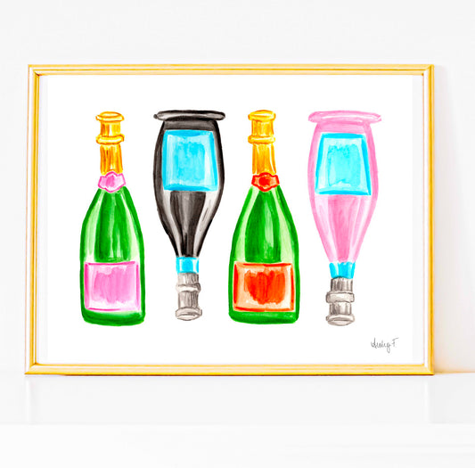 Print | Green, Pink, Orange Row of  Champagne Bottles Watercolor |  Preppy Colorful Cheery Bright Coastal Cowgirl Dorm  Room Poster Decor Cocktail Wall Art Cocktail Bar Cart
