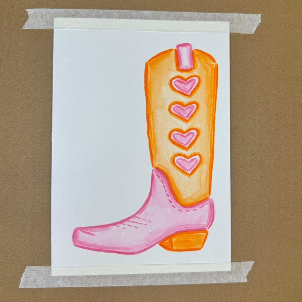 5” x 7” Original Light Pink and Orange Hearts Cowboy Boot