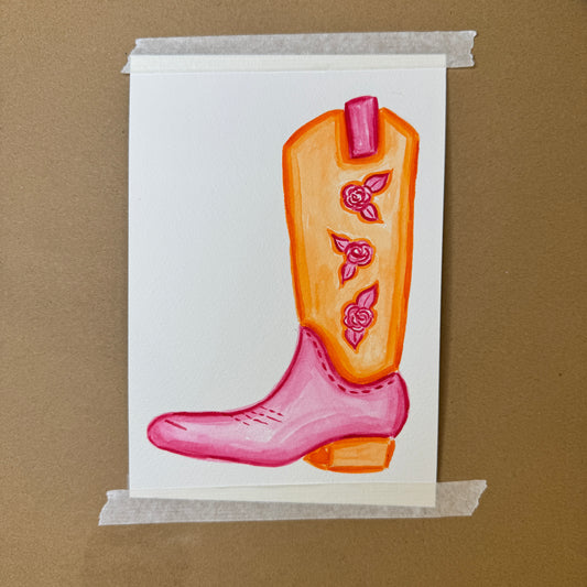 5” x 7” Original Hot Pink and Orange Rose Cowboy Boot