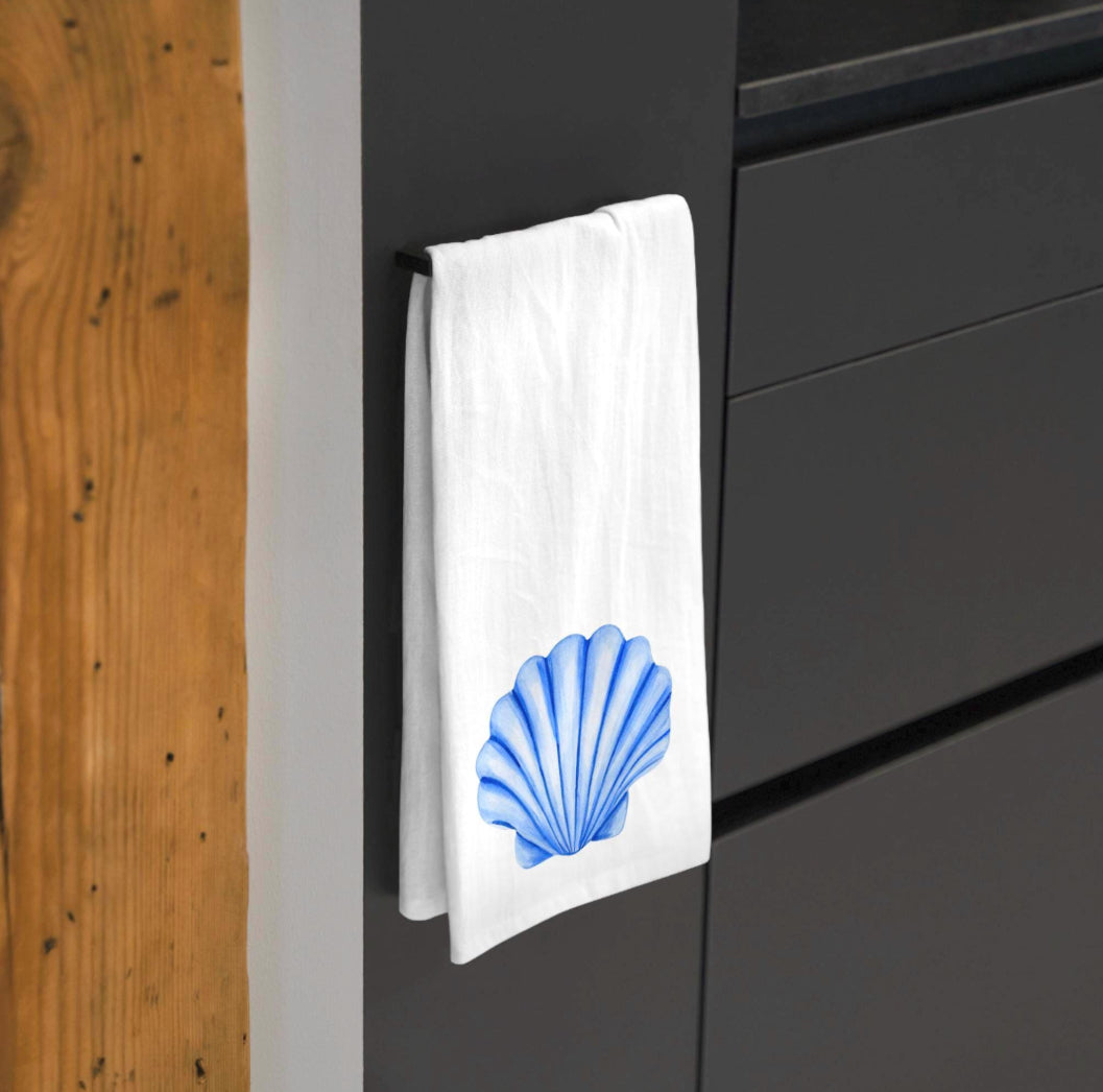Tea Towel | Blue Seashell Watercolor Illustration | Coastal Kitchen Decor |Beach Shell Towel |Unique Nautical Hostess Gift | Seaside Accents