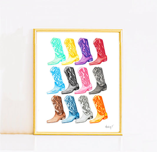 Print | 12 Eras Watercolor Cowboy Boots | Swiftie Wall Decor |Country Concert Poster | Boho Western Music Lover Gift | Showgirl